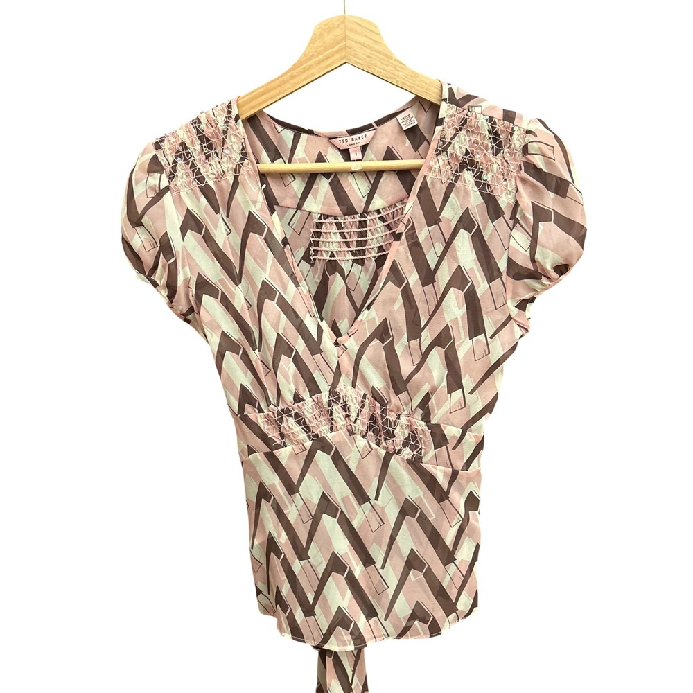 Ted Baker London Chevron Print Silk Babydoll Blouse Retro Y2K Chic Size 1 XS/S